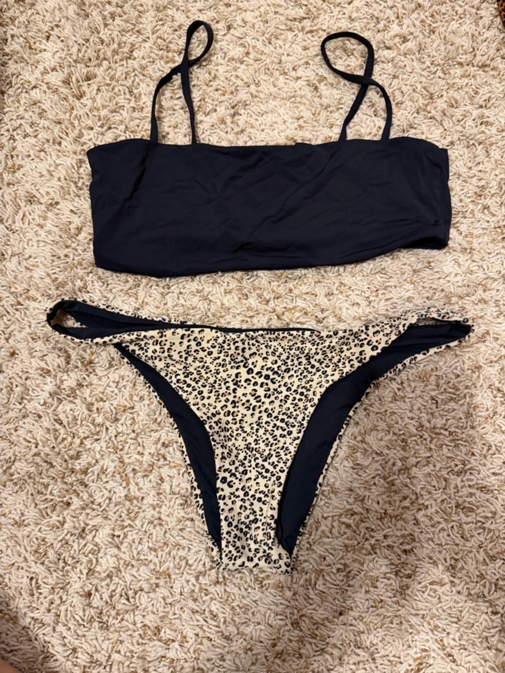 Black Bandeau Bikini Top with Leopard Print Bottom - Women's Two-Piece Swim Set